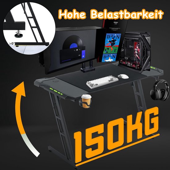 Gamer Bureau Zwart 140x60 cm met LED Verlichting - Ergonomische PC Tafel — afbeelding 3