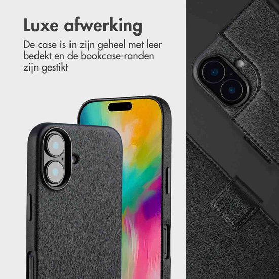 Zwarte lederen bookcase voor iPhone met een discrete camera-uitsparing. Luxe afwerking.