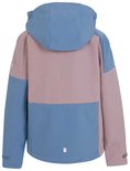 Kinderjack in roze en lichtblauw met colorblock design en capuchon, van achteren gezien.