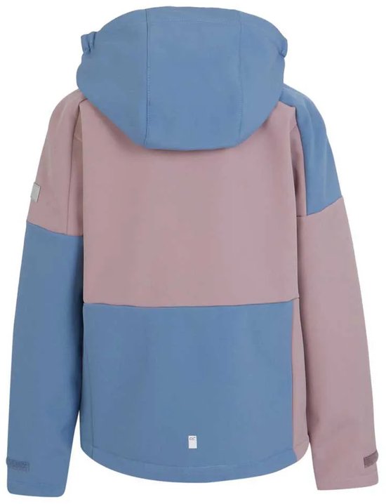 Kinderjack in roze en lichtblauw met colorblock design en capuchon, van achteren gezien.