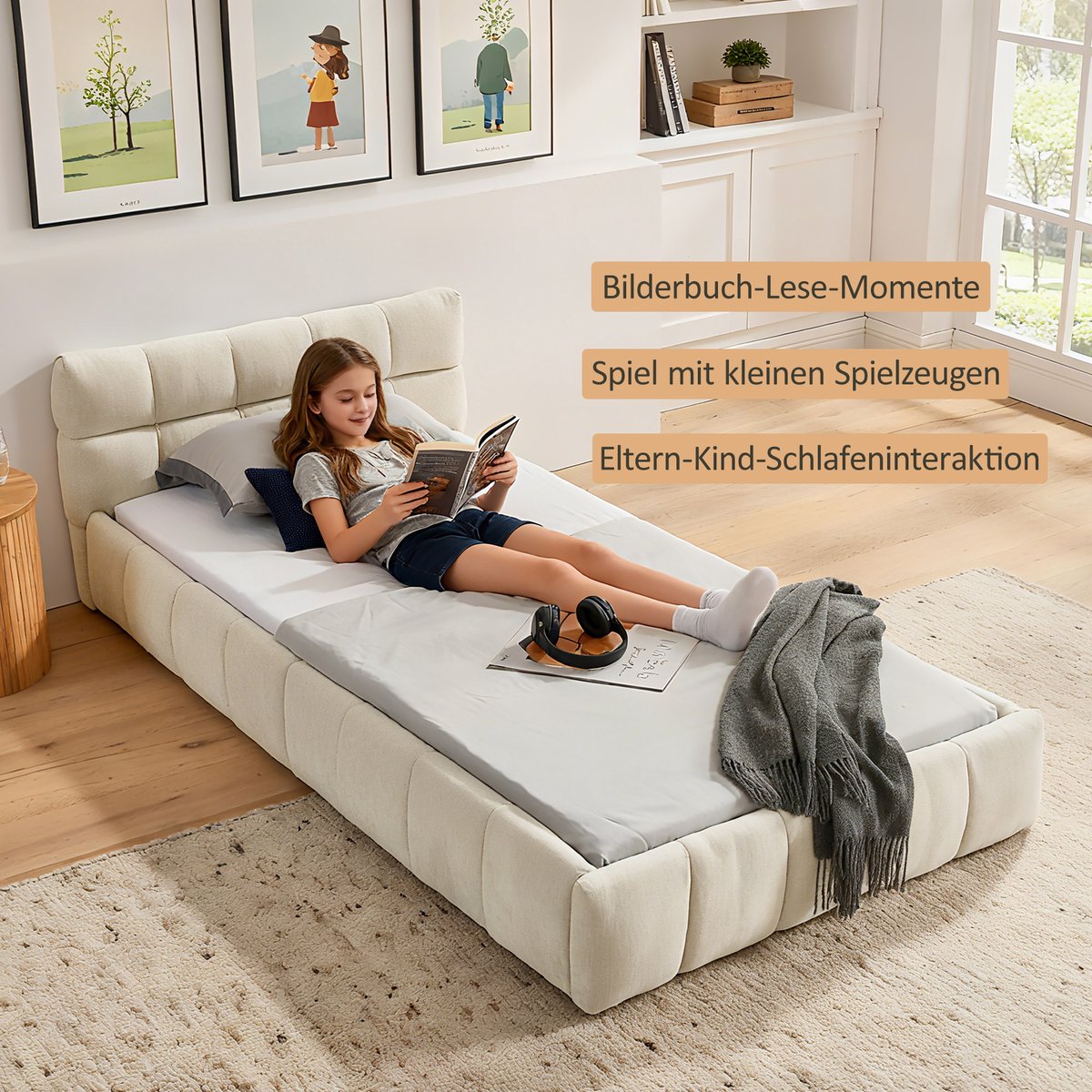 STILVORA Eenpersoonsbed 90x200 cm – Gestoffeerd met chenille – Stevig eucalyptushout en metalen frame – Anti-pilling steppatroon – Zonder matras – Beige