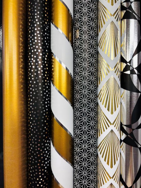 6 rouleaux de Papier cadeau Zwart Or Wit - Largeur du rouleau de comptoir 70 cm - Longueur 2 m - Co-Zwg1