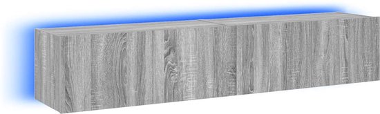 Grijze tv-kast met houtnerf textuur, verlicht met blauw LED-licht aan de achterkant.