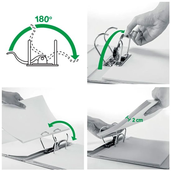 Demonstratie van het 180° ringmechanisme van een Leitz ordner.