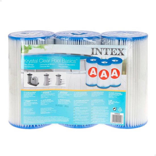 Intex Krystal Clear zwembadfilters, 3-pack. Witte filters met blauwe randen, verpakt in doorzichtig plastic.