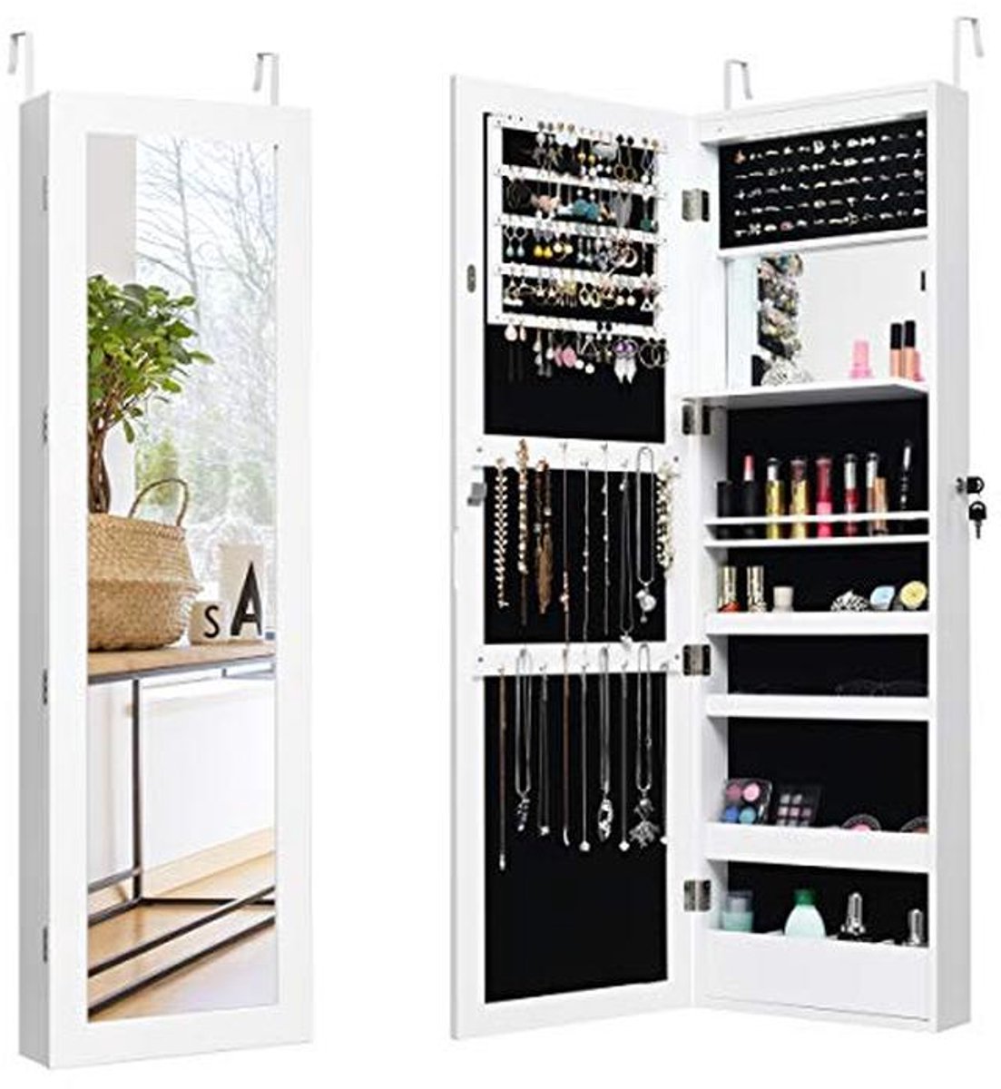 Sieradenkast met Spiegel en LED Verlichting - Wandmontage en Inklapbare Plank (Wit)