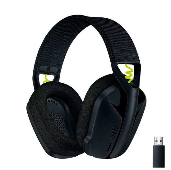 Casque Logitech G435 noir avec coussinets doux et dongle USB.