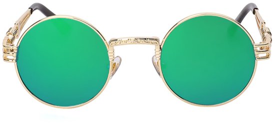 KIMU® Ronde Zonnebril Steampunk Heren - Goud Montuur Rond - Groene Spiegelglazen - Vintage Retro Hippie Groen Hipster Brilletje Festival van KIMU — afbeelding 5