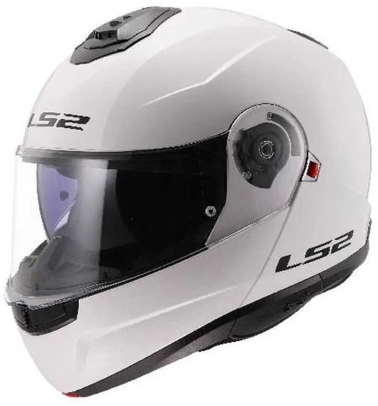 Casque modulable blanc LS2 avec visière teintée et accents noirs. Logo LS2 sur le côté.