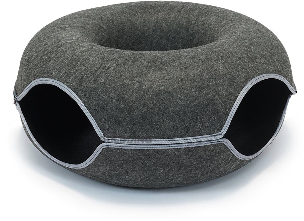 BioBedding - Luxe Kattenmand Cosy Donut XL – 2-in-1 Kattenhuis en Mand – Ø 60 cm – Grijs Vilt – Ritsbaar & Warm - 2 openingen