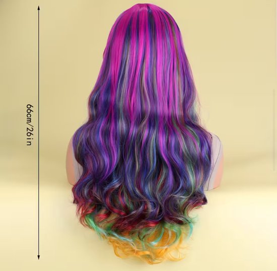 Achterkant van een lange, golvende regenboogpruik met paars, blauw, groen, geel, oranje en rood.