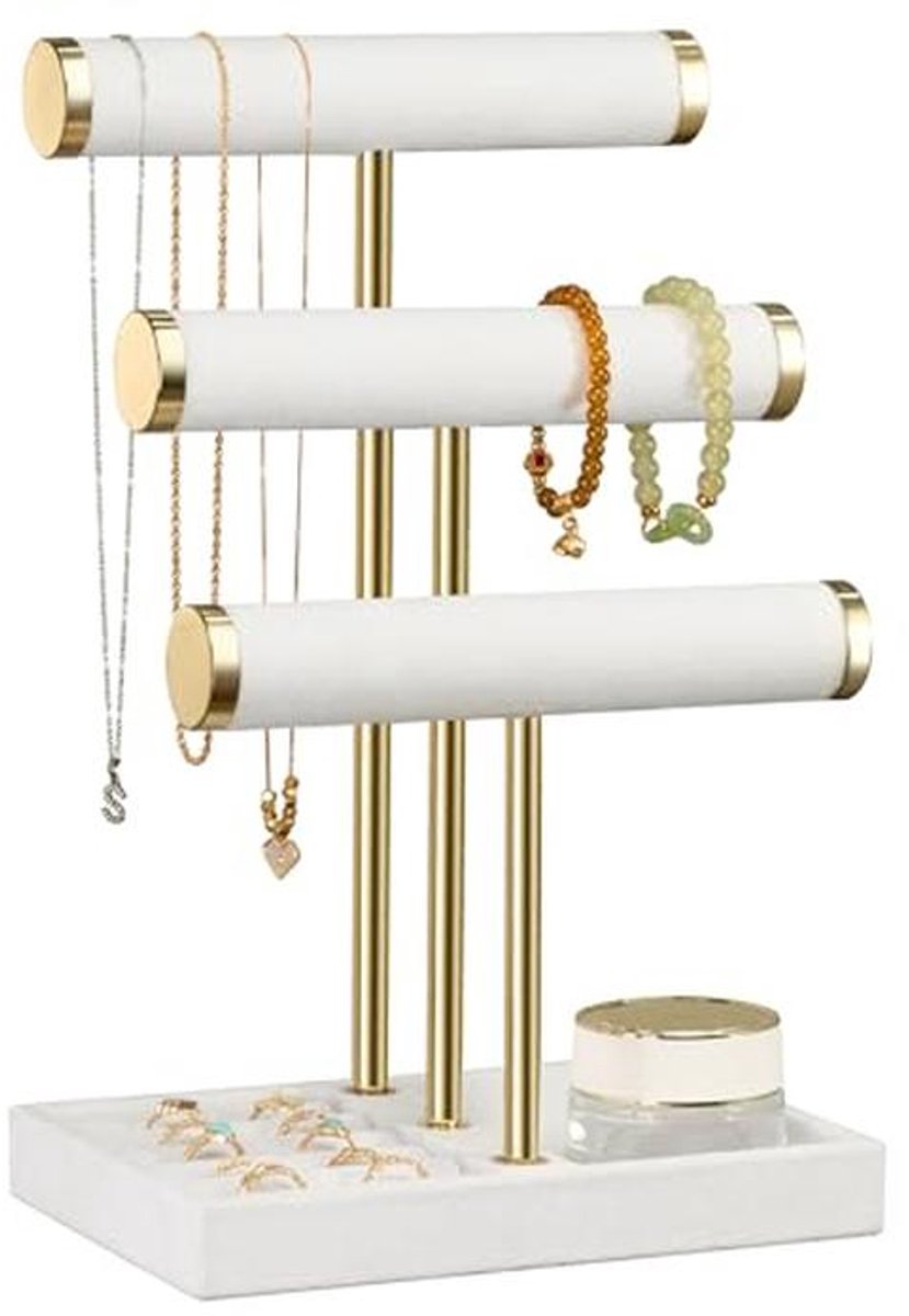 3-laags sieradenorganizer voor armbanden en kettingen - Witte sieradenstandaard met fluwelen en T-vormige houder