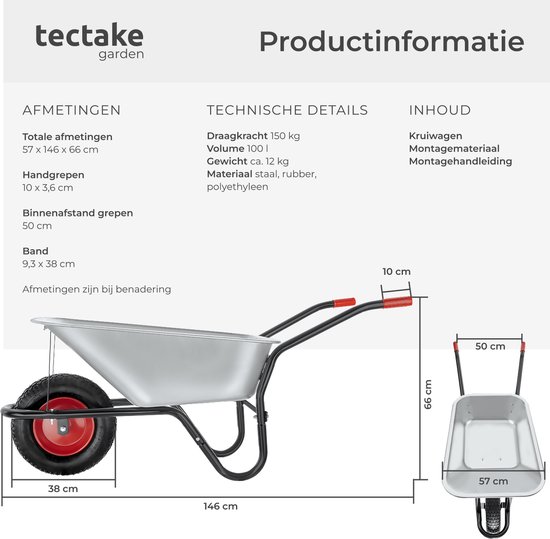 tectake® Kruiwagen - 100L - Kruiwagens met Luchtbanden - Gegalvaniseerde Kuip - Bouwkruiwagen - Antisliphandgrepen - Robuuste lastwagen - Draagkracht 250kg van Merkloos	 — afbeelding 5