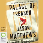 Boek kaft "Palace of Treason" door Jason Matthews, met rode vogel en tekst "A Novel".