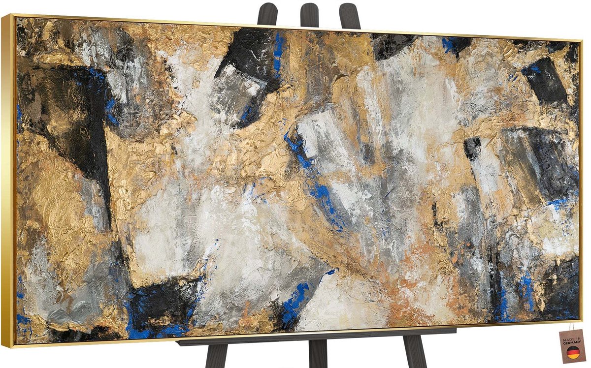YS Schilderij - Handgeschilderd canvas schilderij - Wanddecoratie Abstract - Blauw en goud - Textuur - Muurdecoratie woonkamer - Slaapkamer decoratie - Kamer accessoires - abstracte schilderij - schilderij canvas Gold 100x50