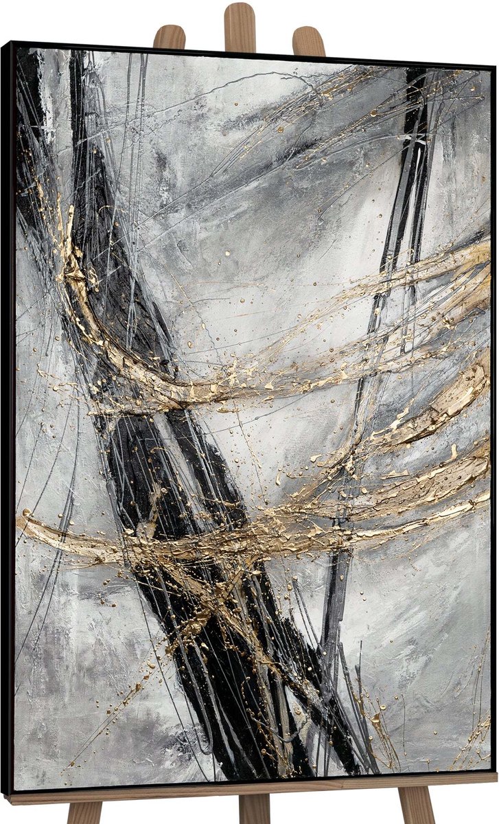 YS Schilderij - Handgeschilderd canvas schilderij - Wanddecoratie moderne Kunst - grijs en goud - Abstract - Muurdecoratie woonkamer - Slaapkamer decoratie - Kamer accessoires - schilderij moderne Kunst - abstracte schilderijen canvas Black 140x100
