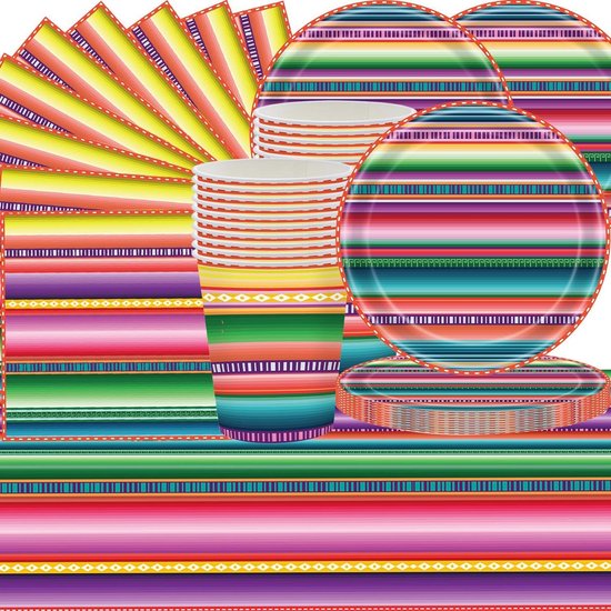 Jhubers Goods - Mexicaans Fiesta partyservies - kinderverjaardagen - kartonnen servies - Mexicaanse themafeesten - verjaardagen - 20 gasten - kleurrijk 61-delig partyservies voor feestelijke gelegenheden met borden, bekers, servetten en tafelkleden.