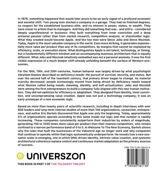 Boek "The Telogeny Trilogy 1 - Welcome To The New Economy" met logo Universzon.