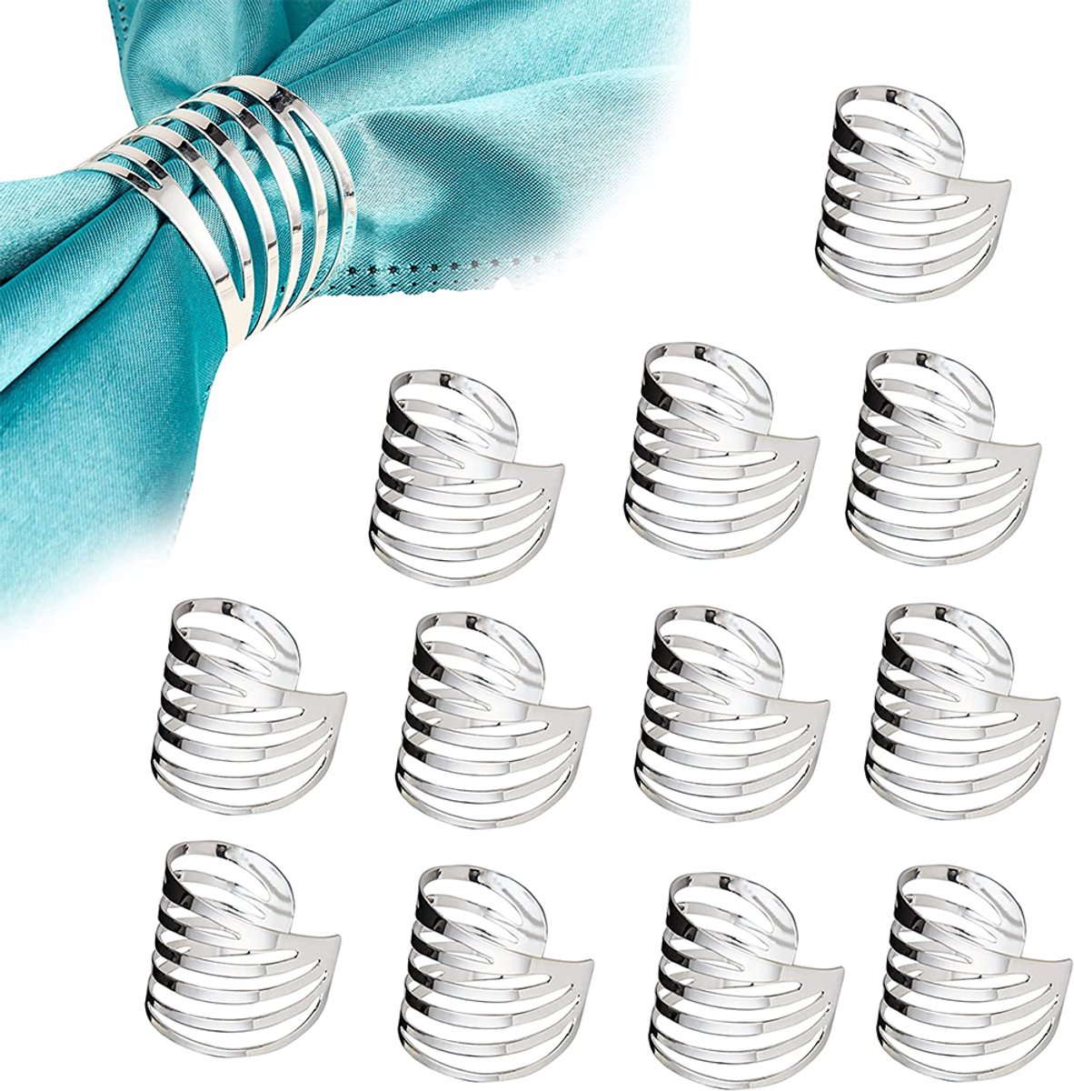 JeiibrZui Elegante servetringen - Gouden servetringen - Stevig vastgemaakt, opengewerkt ontwerp - 12 ringen - Perfect voor feestjes + zilver