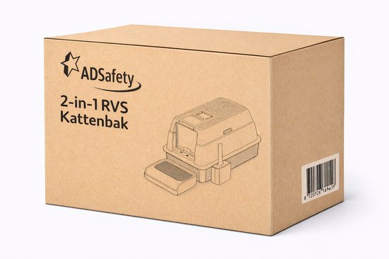 ADSafety Kattenbak RVS - Kattentoilet Roestvrijstaal - Incl. Kattenbakschep met Houder en Gritopvang Opstapje - 2 in 1 Open Kattenbak met Afneembare Deksel - 60x40x38cm - Donkergrijs
