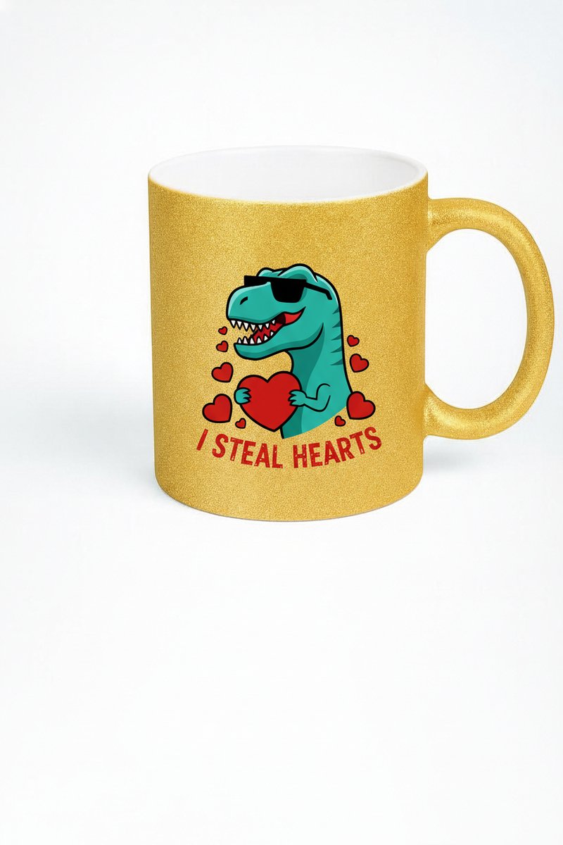 Gouden Glitter Mok Dinosaurus 'I Steal Hearts' - Grappige T-Rex Valentijnscadeau
