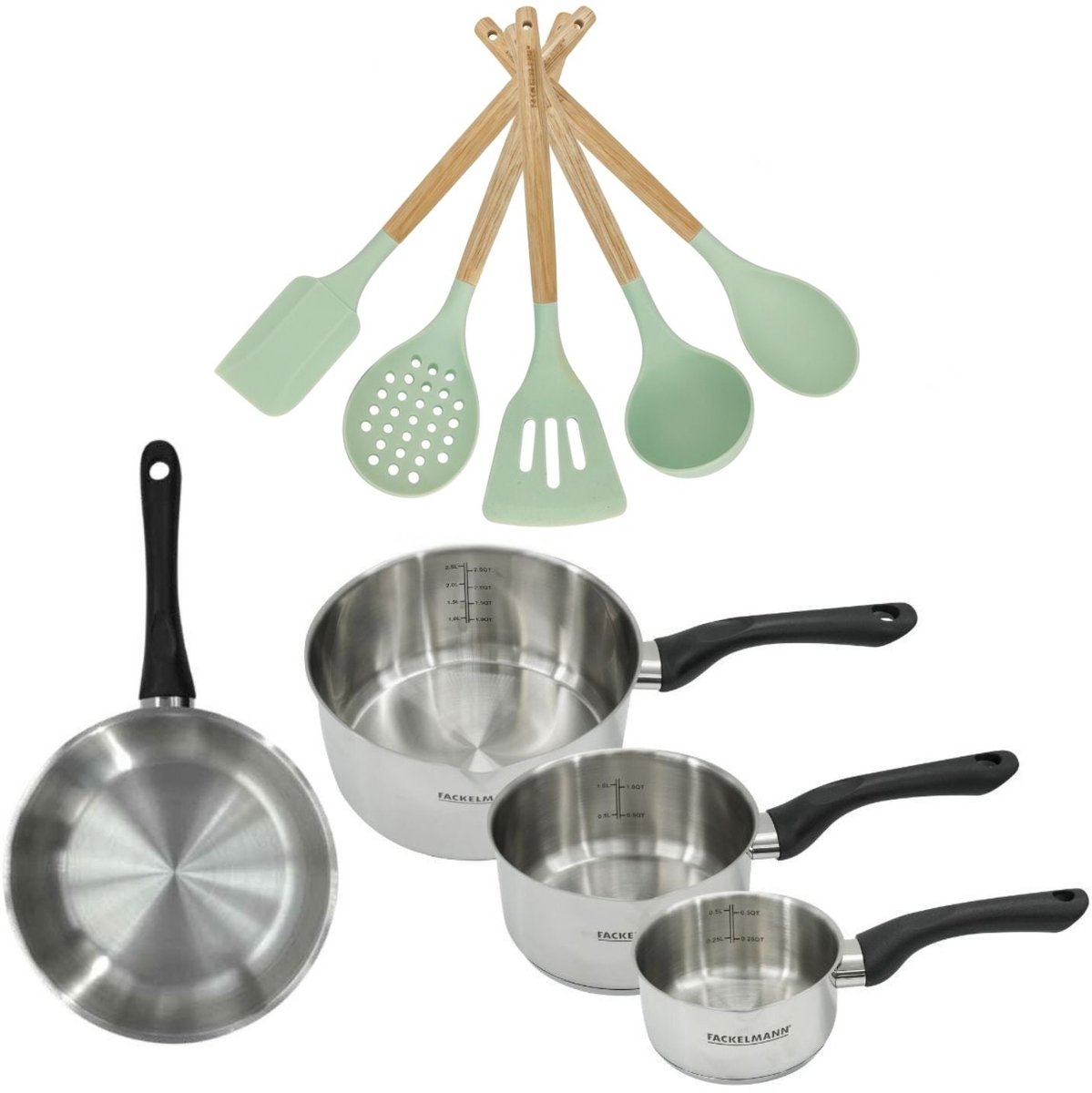 Set Koekenpan 24cm en 3 Kookpannen 12/16/20cm Fackelmann Genève met 5 keukengerei
