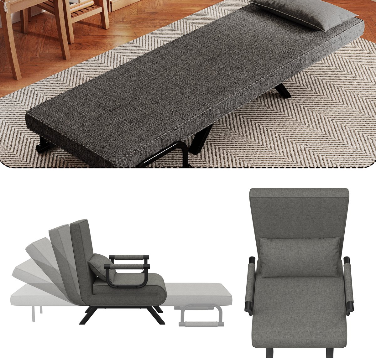 Aufun Slaapstoel 3-in-1 – Klapbare slaapbank met bedfunctie – Verstelbare rugleuning – Inclusief armleuning en kussen – Sofa voor woonkamer of slaapkamer – Donkergrijs