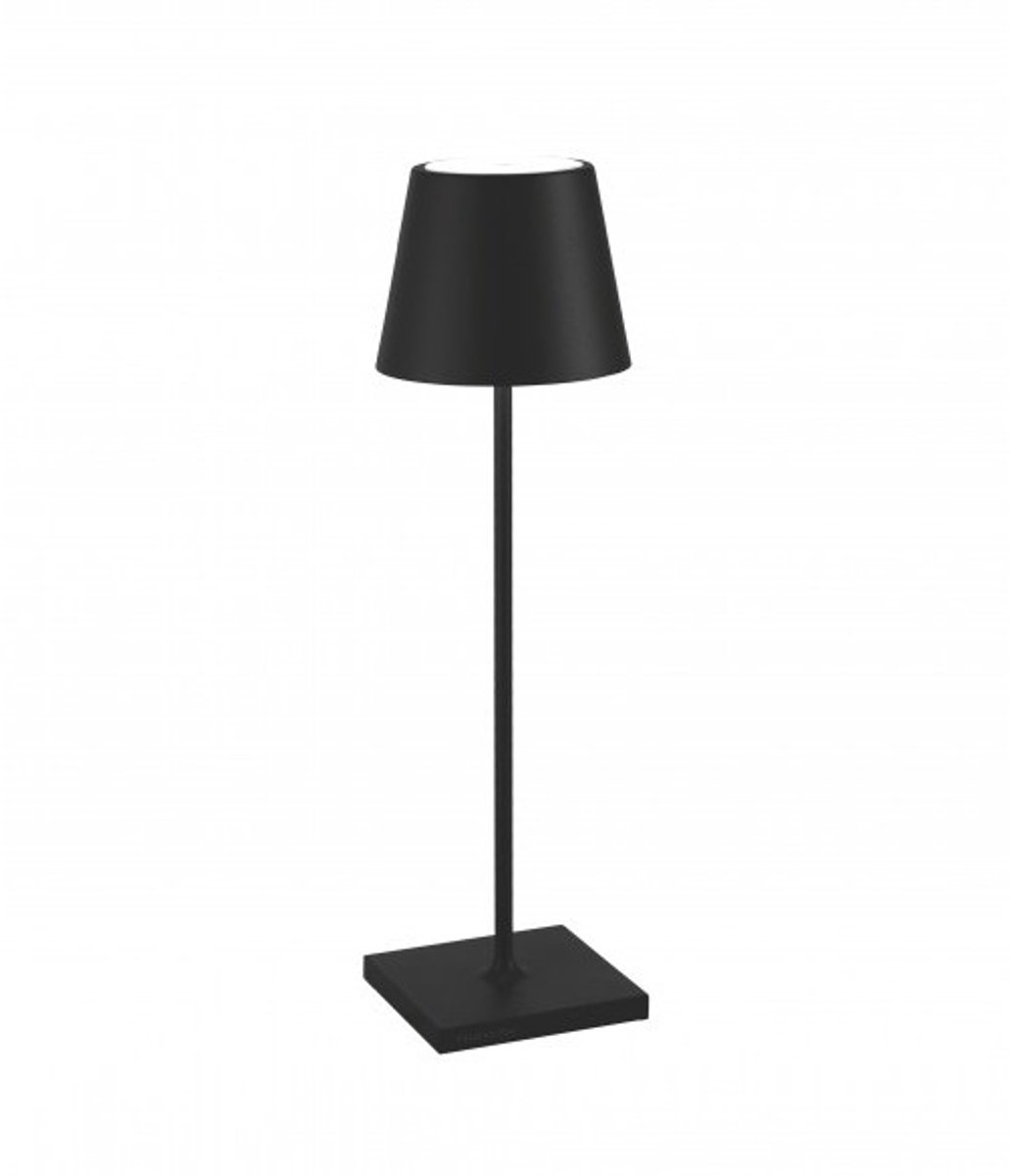 Zafferano Poldina Pro Black LED-tafellamp, oplaadbaar en dimbaar, met een batterijduur tot 12 uur. Geschikt voor buitengebruik, IP65.
