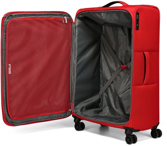 Open rode American Tourister koffer, met een TSA-slot en vier wielen.