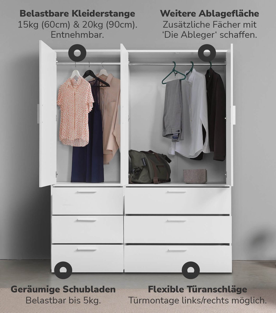 mokebo Kledingkast (150x187 cm) van hout in Zwart 3 deuren & 6 lades 'Der Grenzenlose' slaapkamerkast modulair & combineerbaar, garderobekast, halkast, draaideurkast, kast