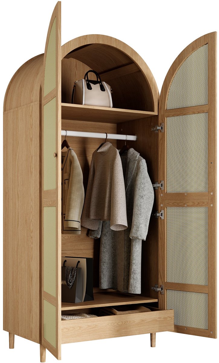 Merax Kledingkast Met Gebogen Deuren - Kledingroede - Lade - Rotan Look Deuren - Houten Poten - Voor Slaapkamer En Hal - 80 X 50 X 179 Cm