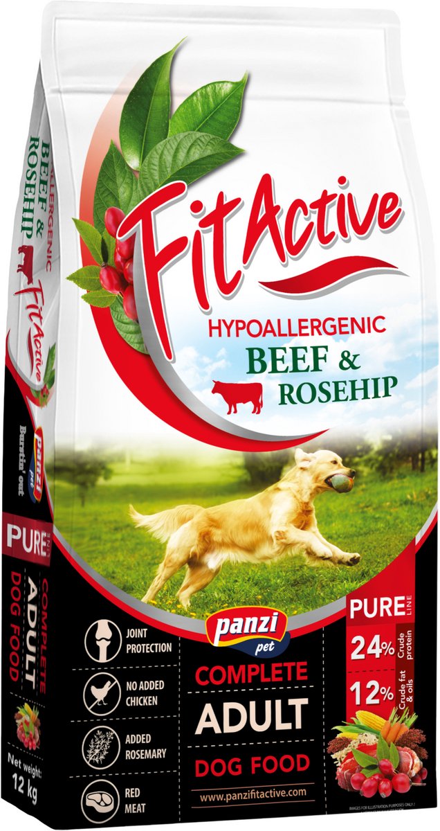 panzi pet Fit Active Burstin' out Fit Active Pure Beef & Rosehip SMALL – Hypoallergene mono-eiwit hondenbrokken zonder kip of tarwe – Hondenvoer met rundvlees - Kleine rassen - 12kg