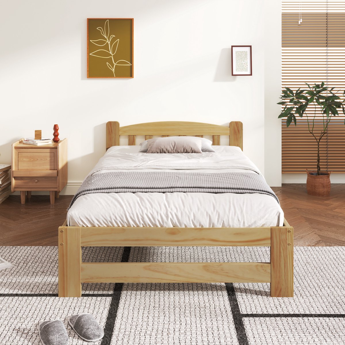 Eenpersoonsbedden - 90x200cm - Solide Massief Houten Futonbed - Met Hoofdeinde en Lattenbodem - Hout - Natuurlijk
