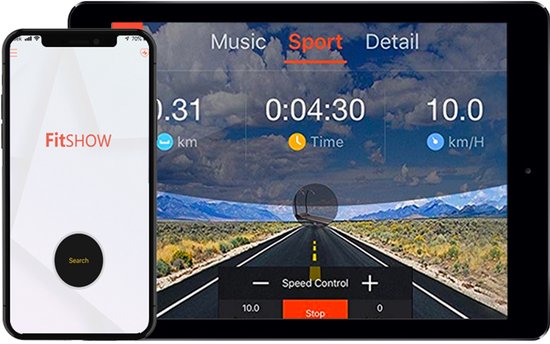 Een smartphone en tablet tonen de VirtuFit FitShow app met sportdata.