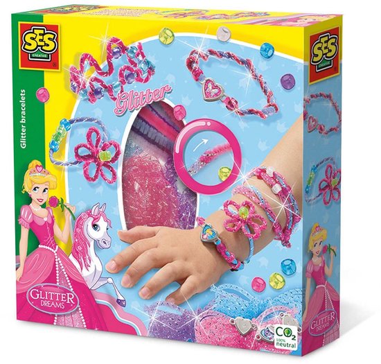 SES Creative - Hobby Pink - Glitter Armbanden - Knutselen Meisjes - Incl. Bedels, Kralen, Draden en Stickers - Vanaf 4 jaar