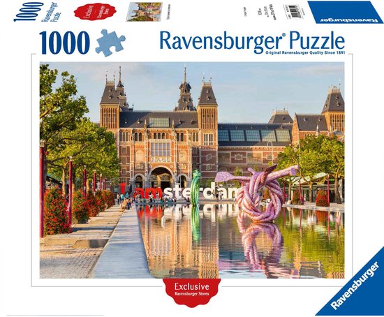 Ravensburger puzzel van 1000 stukjes van het Rijksmuseum in Amsterdam met de tekst 'I amsterdam'.