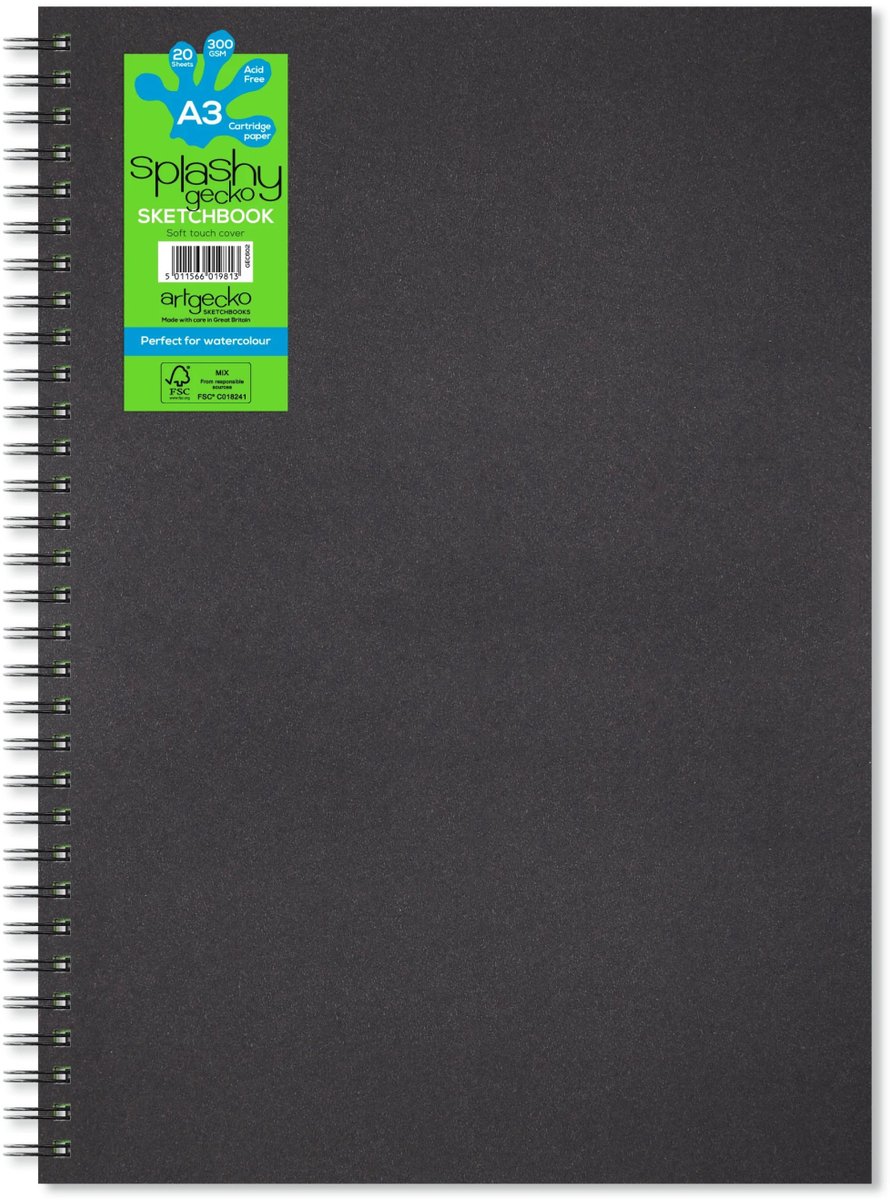 Artgecko schetsboek A3 spiraal aquarel 300gr 20 vel wit creatief.