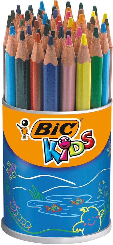 Blik met BIC Kids Evolution potloden in diverse kleuren, met een gele potlood ernaast.