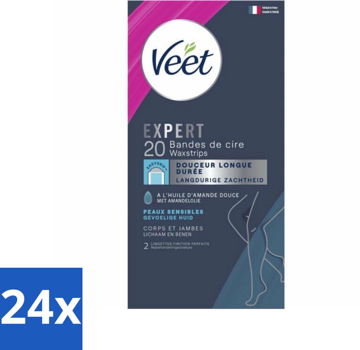 Veet Expert - Ontharingsstrips - Lichaam & Benen - Gevoelige Huid - 20 strips - Voordeelverpakking - 24 stuks
