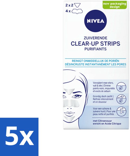 5 x NIVEA - Reinigingsstrips - Zuiverende Neusstrips - Tegen Mee-eters - Gezichtsreiniger - 6 Reinigingsstrips - NIVEA Clear-up Strips - Zuiverende Neusstrips - Mee-eters Verwijderen - Gezichtsreiniger - Huid Reinigen