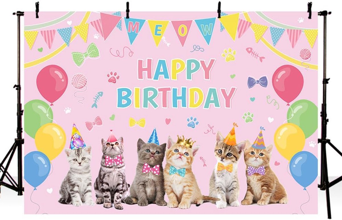 Happy Birthday Achtergrond - Schattige Kitten - Feestdecoratie - Huisdier Kat Thema - 7x5ft