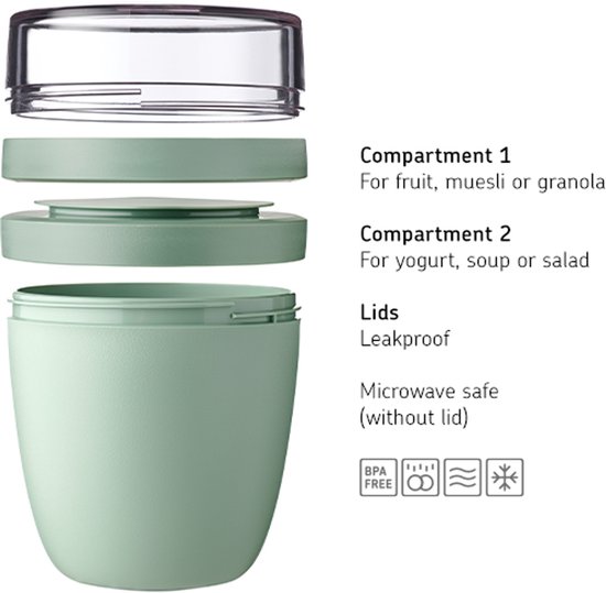 Exploded view van een lichtgroene Mepal lunchpot met twee compartimenten en een lekvrije deksel.