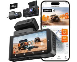 Wolfbox X3 Touch 3CH 2K Wifi Gps 64gb dashcam - Camera voor + achter - 3,0 inch touchscreen Lcd - Wifi en Gps - Parkeermodus - 2K resolutie - 64gb Micro SD kaart - dashcam voor auto