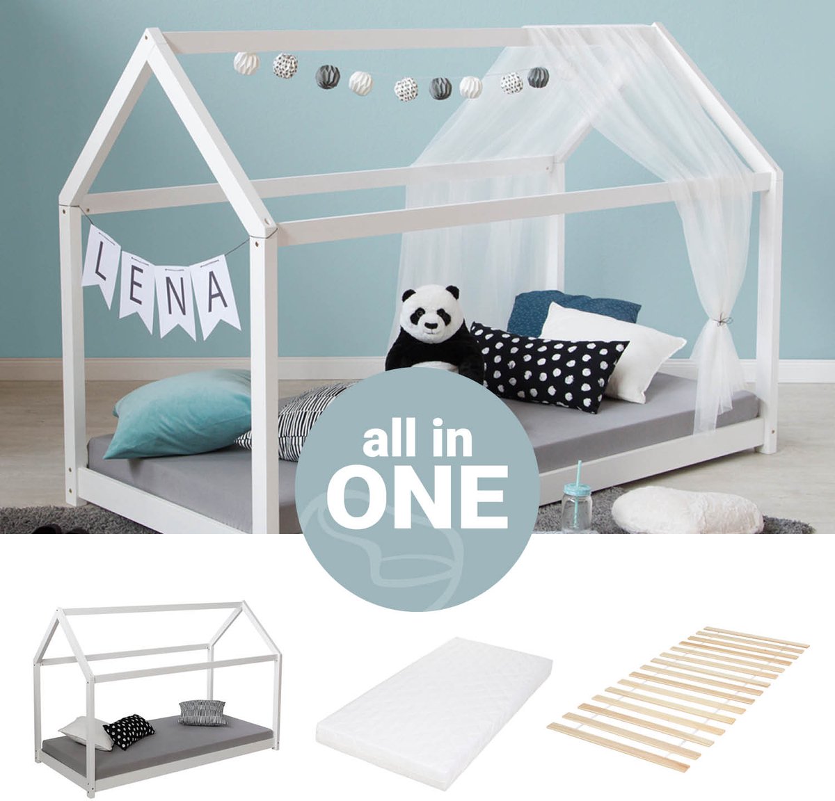 Homestyle4u Kinderbed 80x160 cm - Huisbed met matras - Vloerbed - Wit
