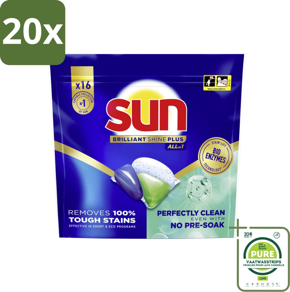 20 x Sun – Vaatwascapsules – Brilliant Shine+ All-in-1 – 16 capsules - Grootverpakking - Vaatwasmiddel - Vaatwascapsules - Schone Vaat - Glans - Droge Vaat