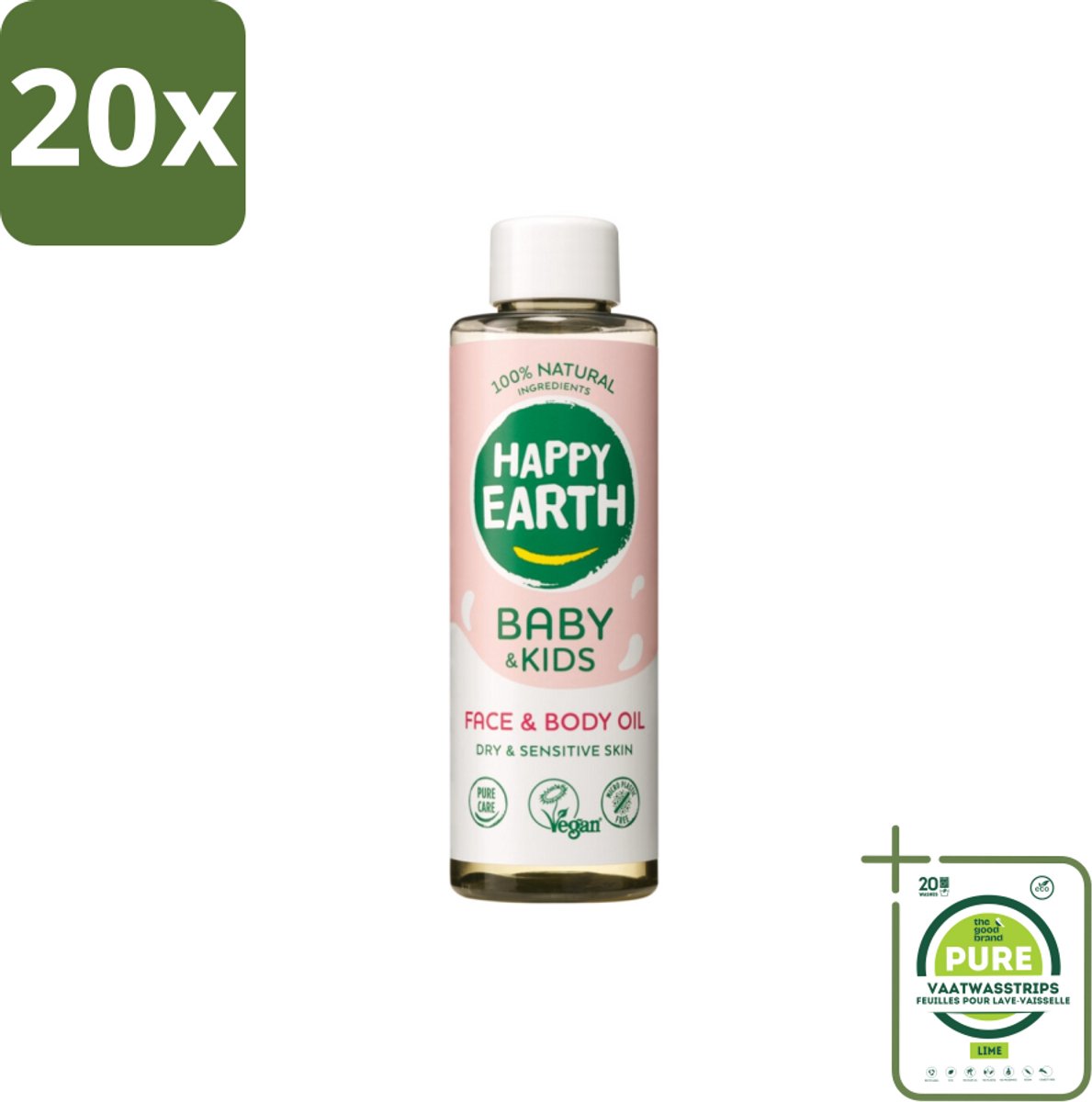 20 x Happy Earth – Face & Body Oil – 100% Natuurlijk Baby & Kids – 150 ml - Grootverpakking - Babyolie - Gezichtsolie - Lichaamsoil - Natuurlijke Huidverzorging - Babymassageolie