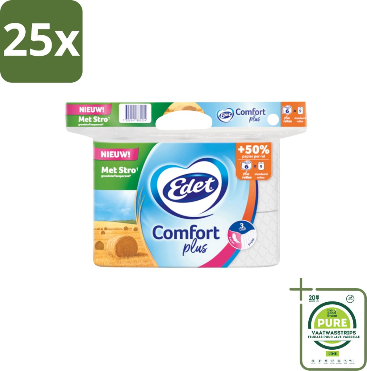 25 x Edet – Toiletpapier – 3-Laags - Grootverpakking - Toiletpapier - Stro - Duurzaam Toiletpapier - Plusrol - Comfort Plus