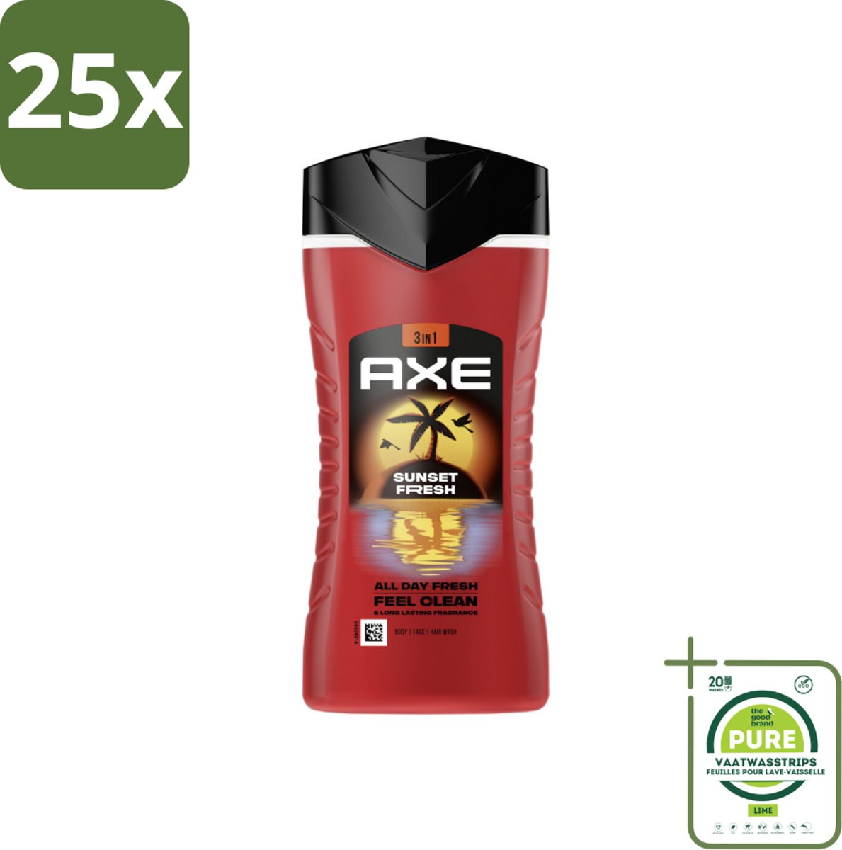 25 x Axe – Douchegel 3-in-1 – Sunset Fresh – 250 ml - Grootverpakking - Douchegel - Frisheid - Geur - Lichaam - Gezicht