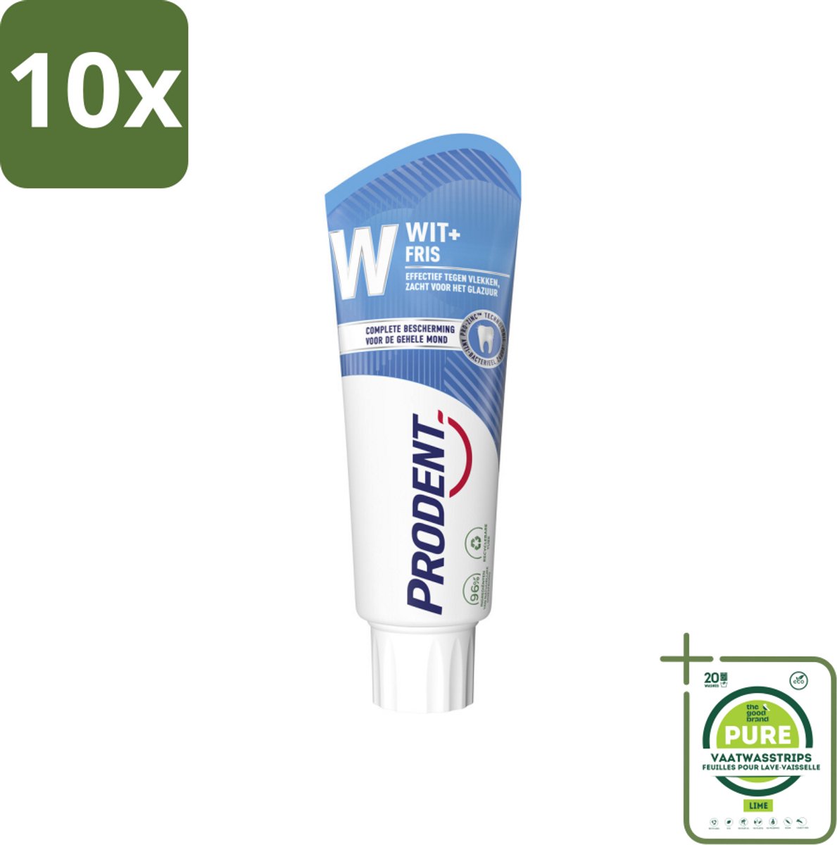 10 x Prodent – Tandpasta – Wit + Fris – Complete Bescherming – 75 ml - Grootverpakking - Tandpasta - Glazuur Bescherming - Vlekverwijdering - Wittere Tanden - Mondverzorging