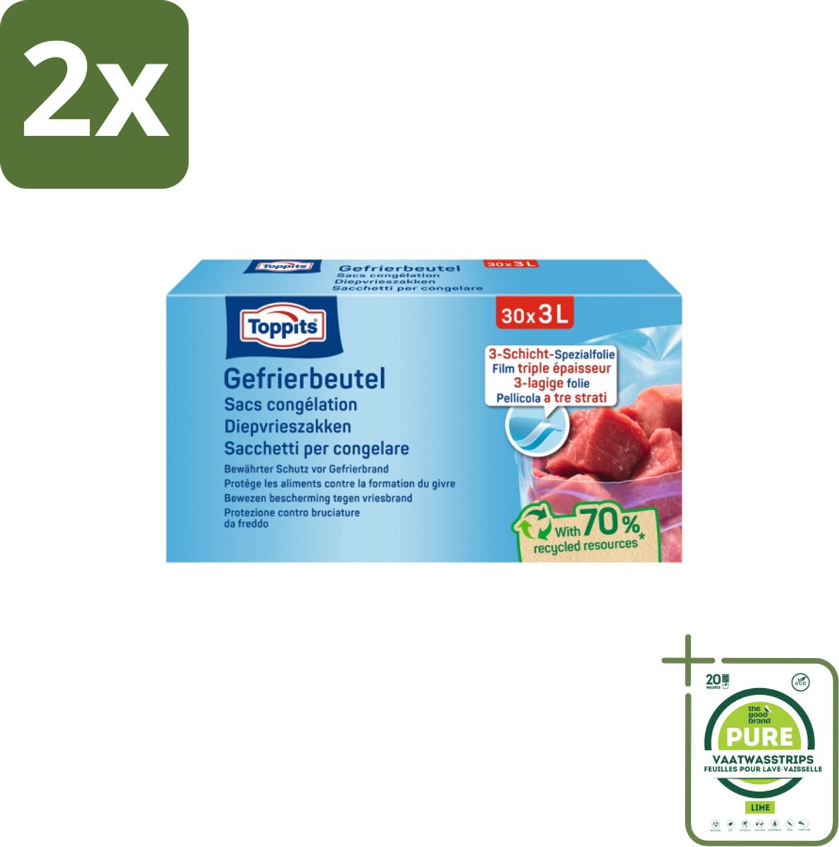 Toppits – Diepvrieszakjes – 3 Liter – 30 Zakjes - Voordeelverpakking - 2 stuks - Diepvrieszak 3 l - Diepvrieszak